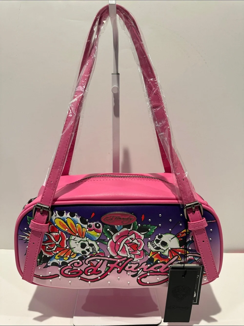 NWT Ed Hardy Pink Harmony Bowling Satchel with adjustable Straps.